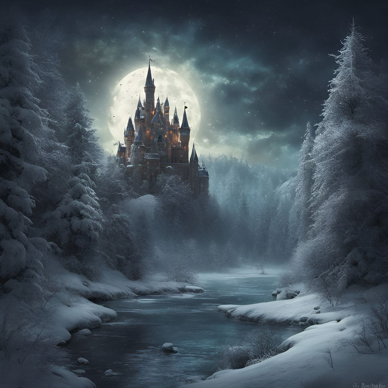Magical Snowy Castle at Night, Fantasy Concept Art