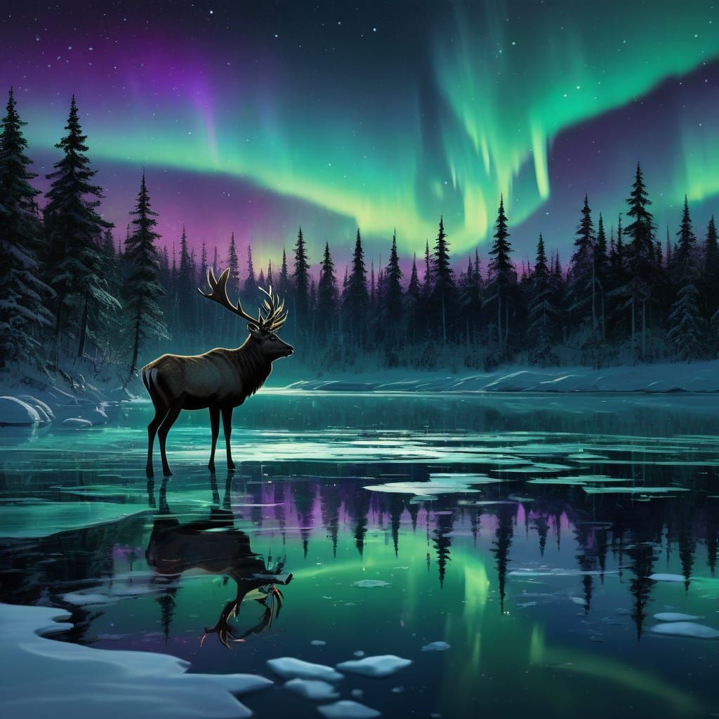 Bioluminescent Stag by Starlit Aurora Lake