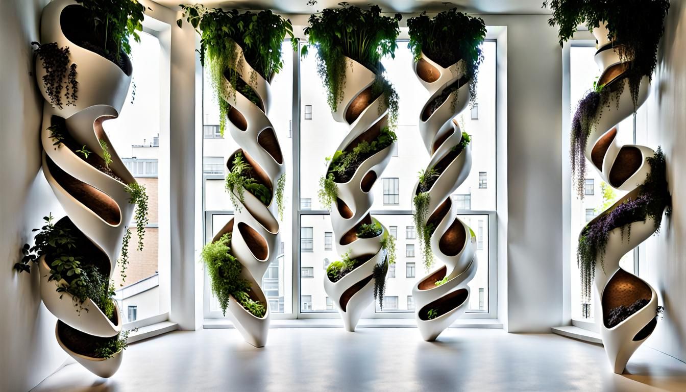 Sculptural Herb Planters Near Romboid Window