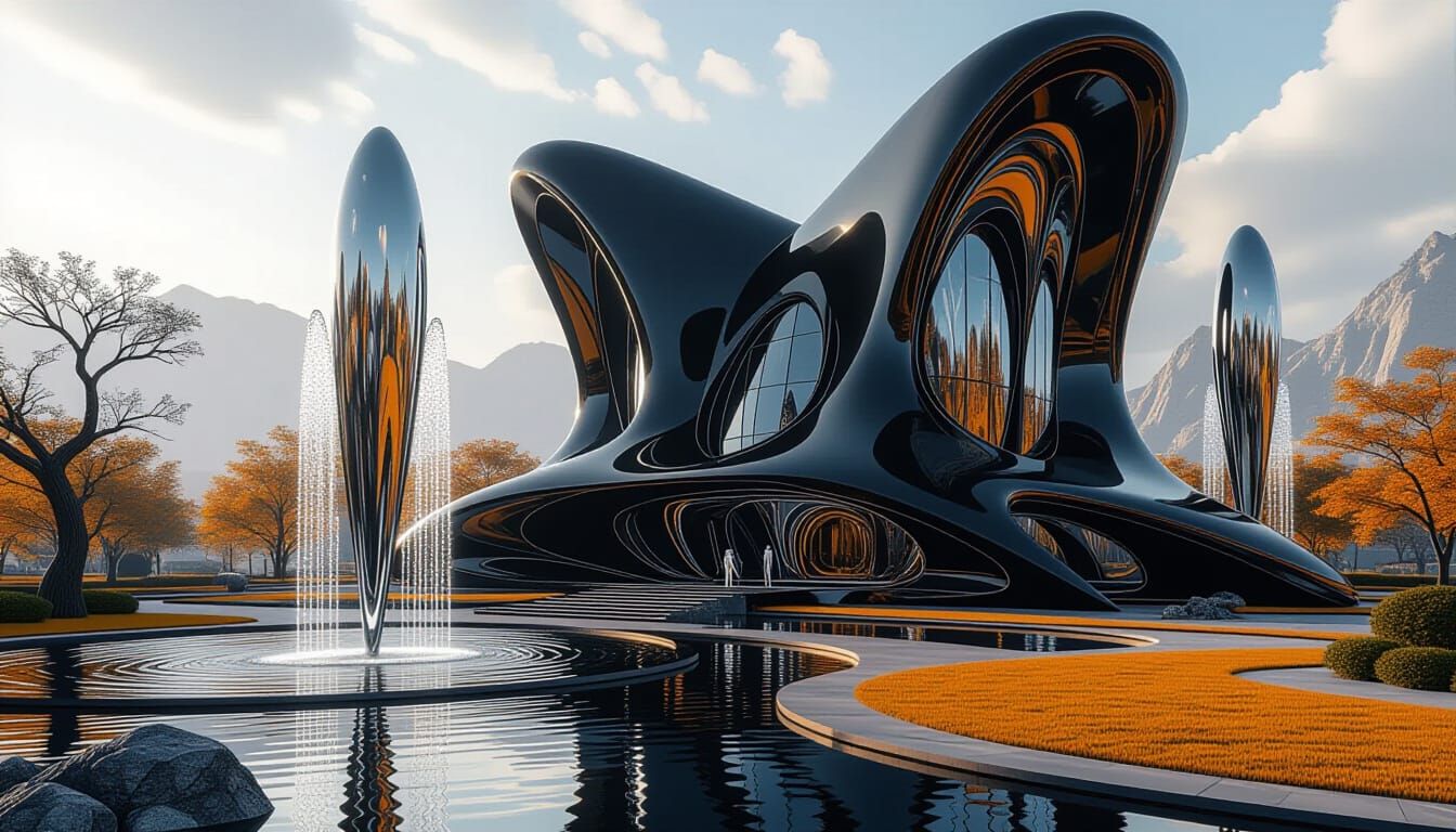 Futuristic Alien Mansion with Glass Sculptures