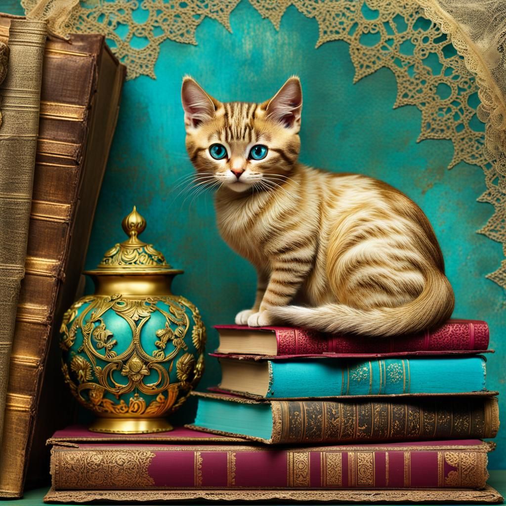 Golden Kitten with Vintage Books, Mixed Media