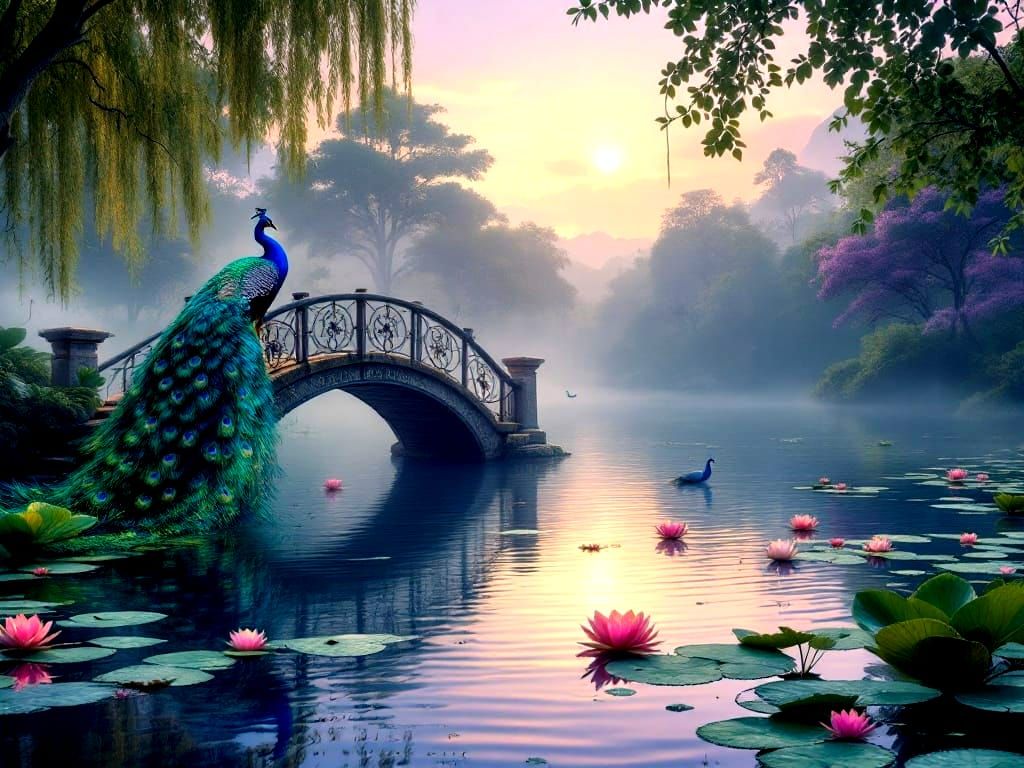 Zen Meditation Lake with Vibrant Peacocks and Lavender Twili...