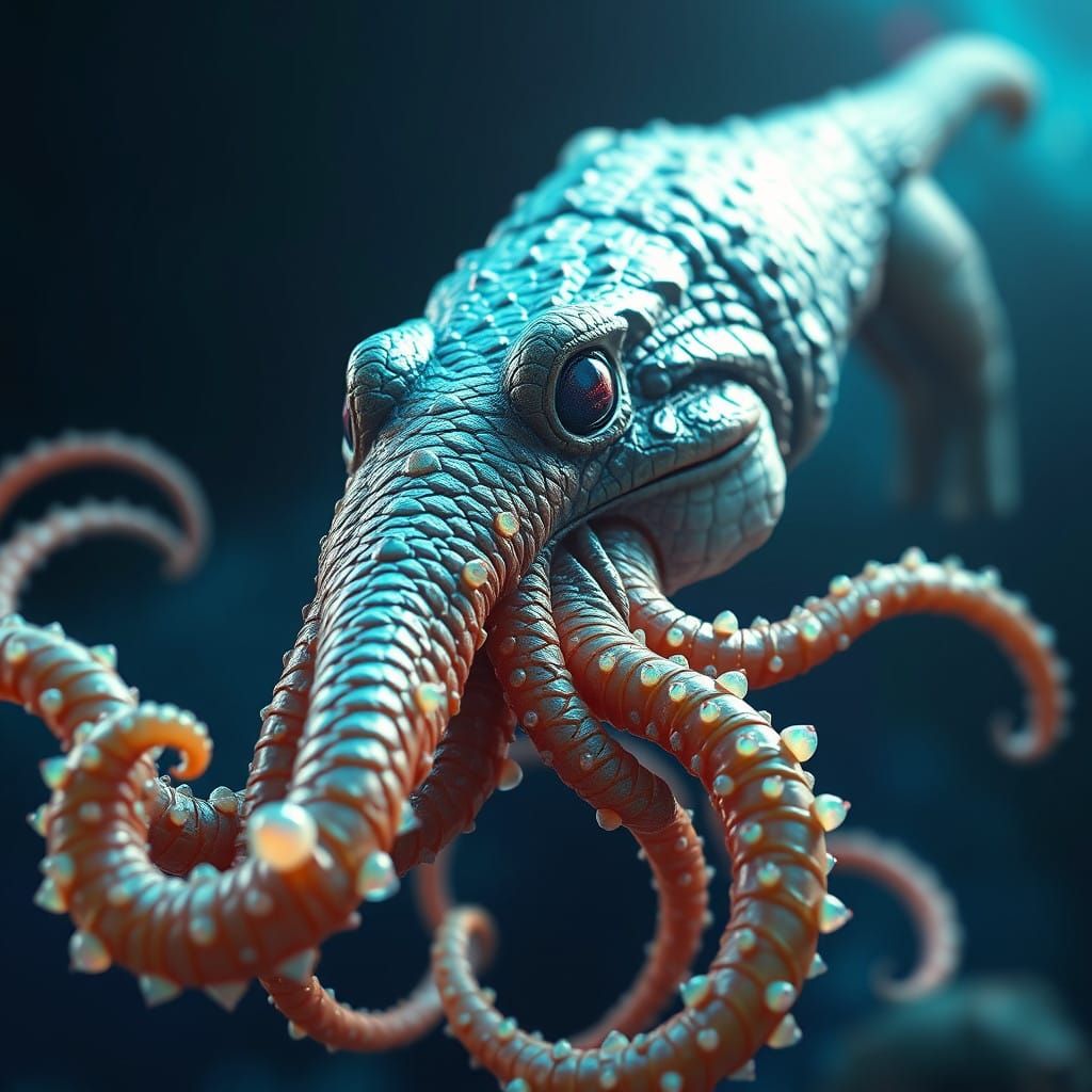 Fantastical Squid-Crocodile Hybrid in Vibrant, Iridescent Hu...