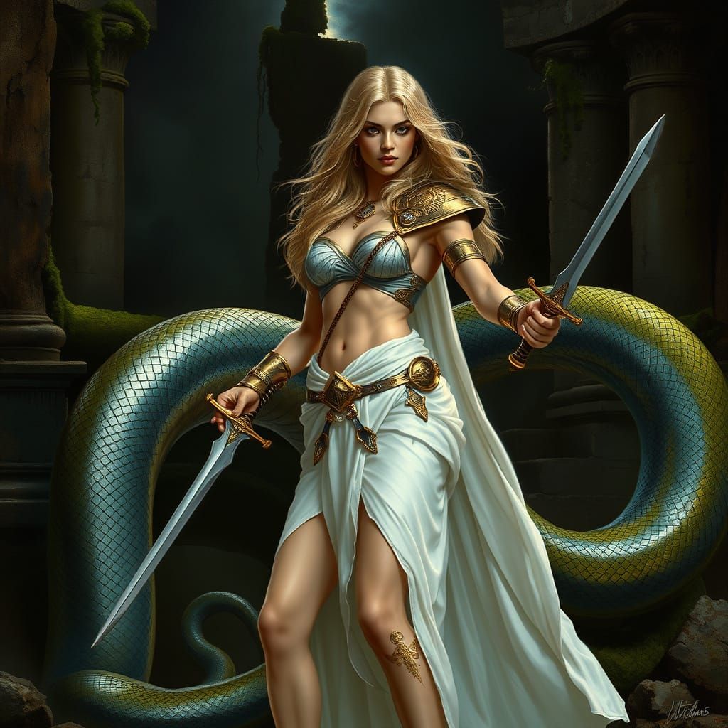 Regal Blonde Warrior Beside Majestic Python in Ancient Ruins