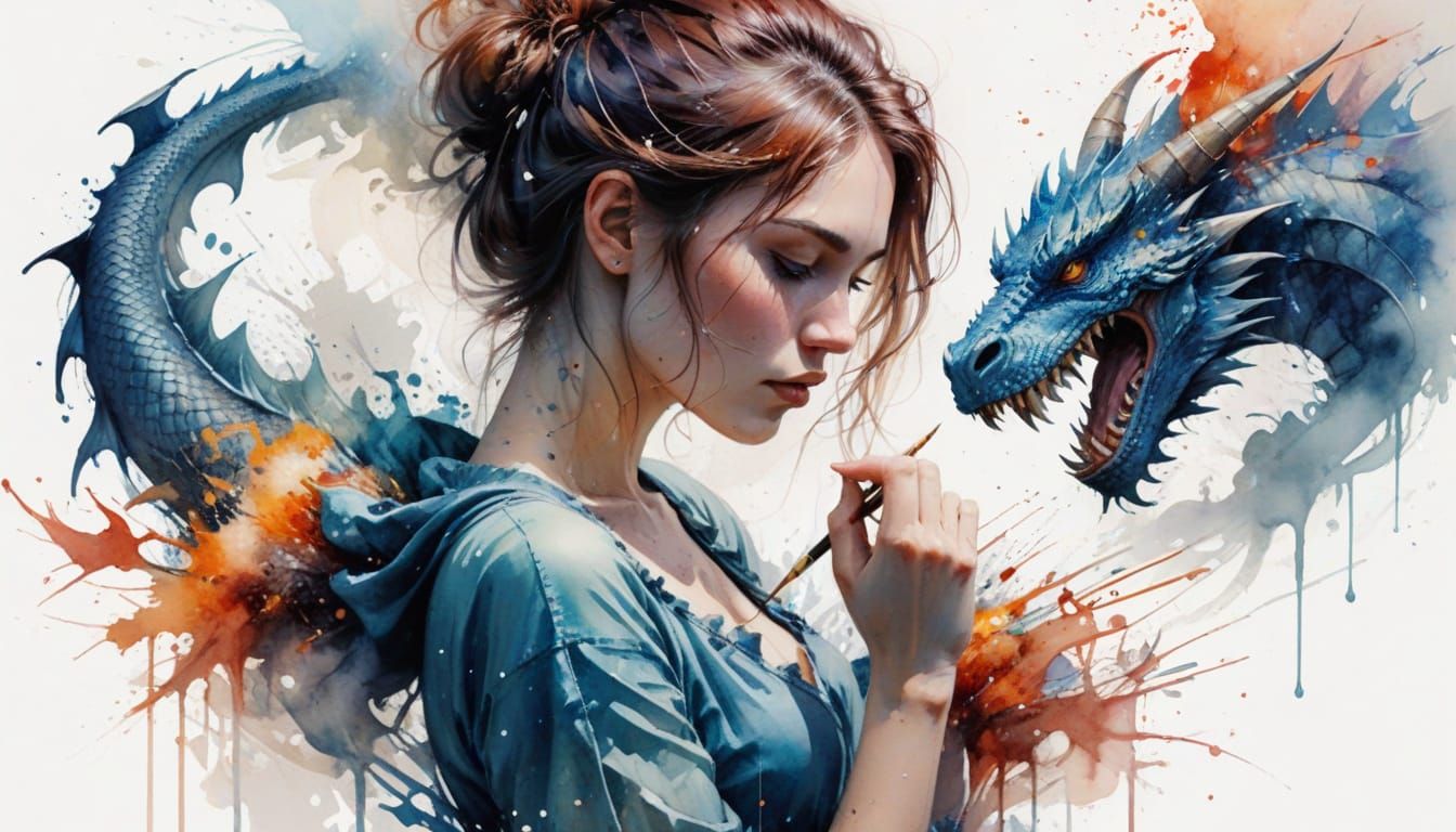 Girl Imagines Dragon Battle: Stylized Watercolour Art