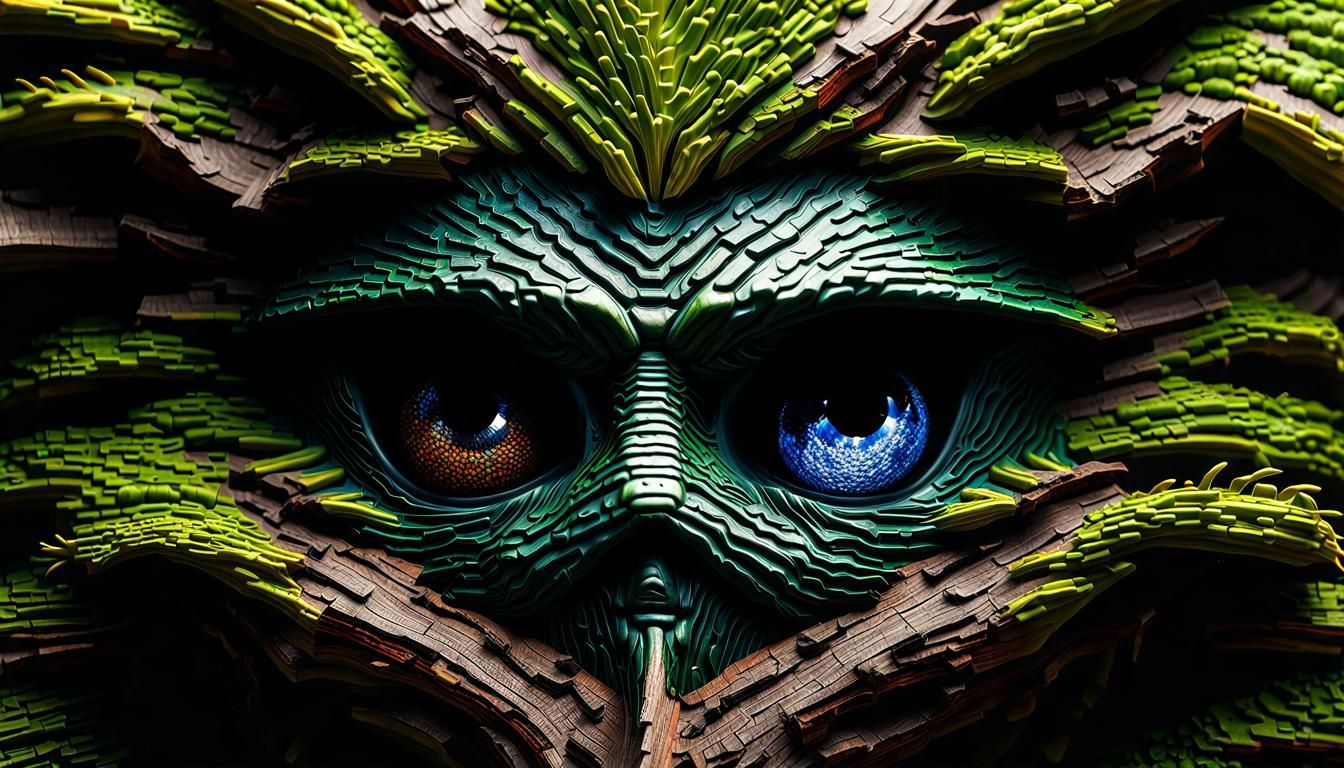 Hyperrealistic Tree Monster Portrait in Golden Forest