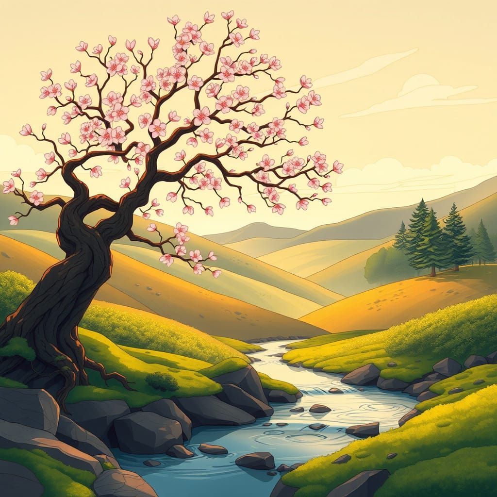 Serene Art Nouveau Landscape with Majestic Cherry Tree