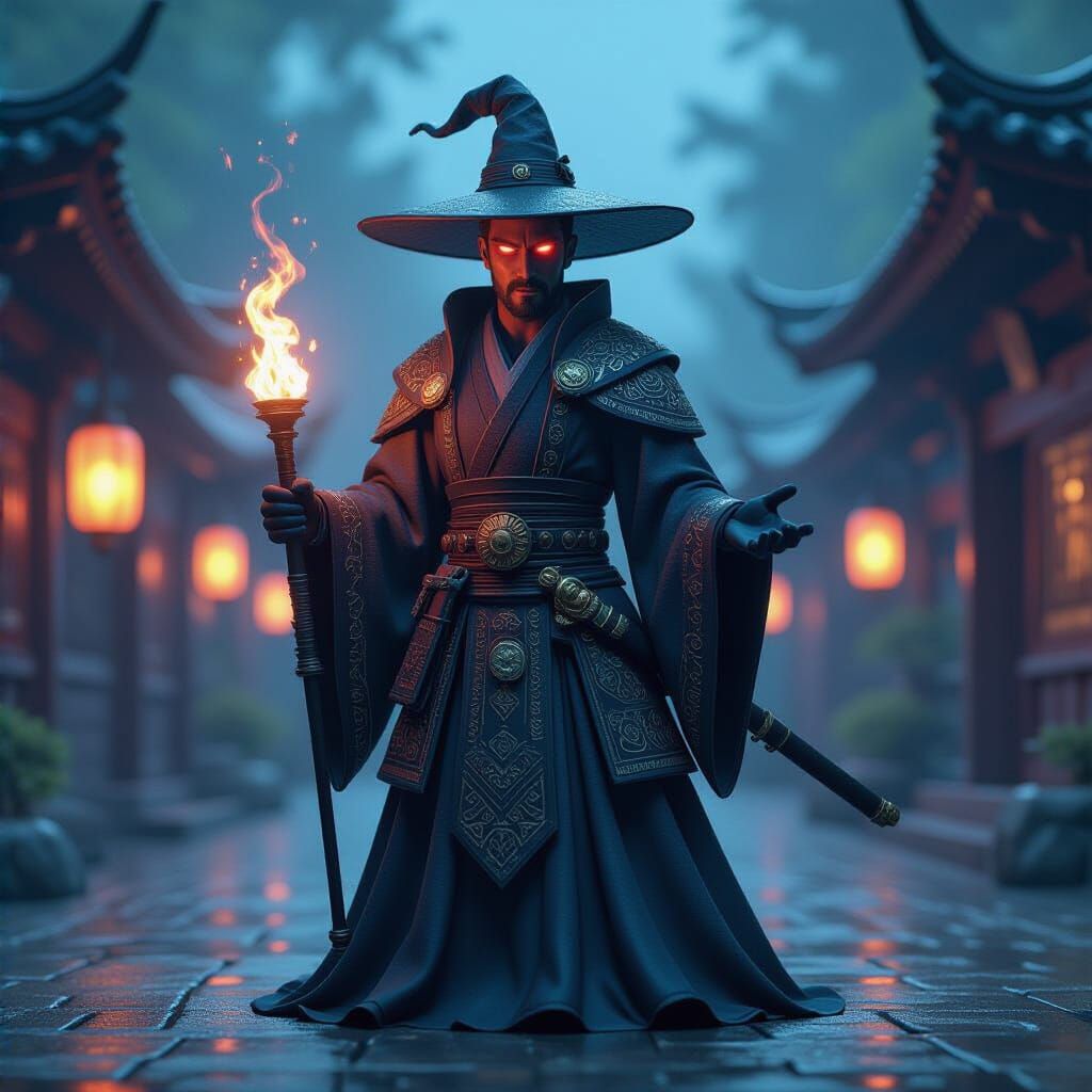Cyberpunk Oni Wizard 3D Rendering