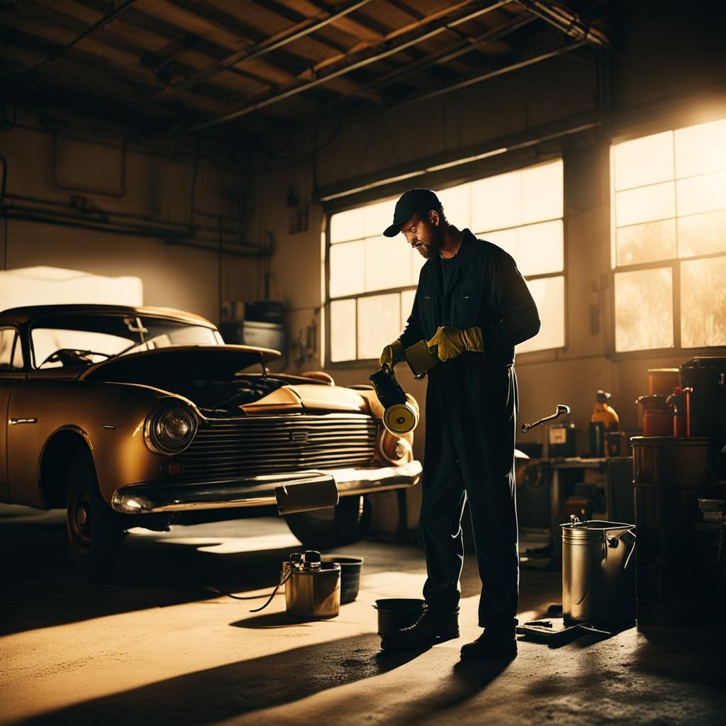 Mechanic in a Gritty Garage with Cinematic 35mm Film Aesthet...