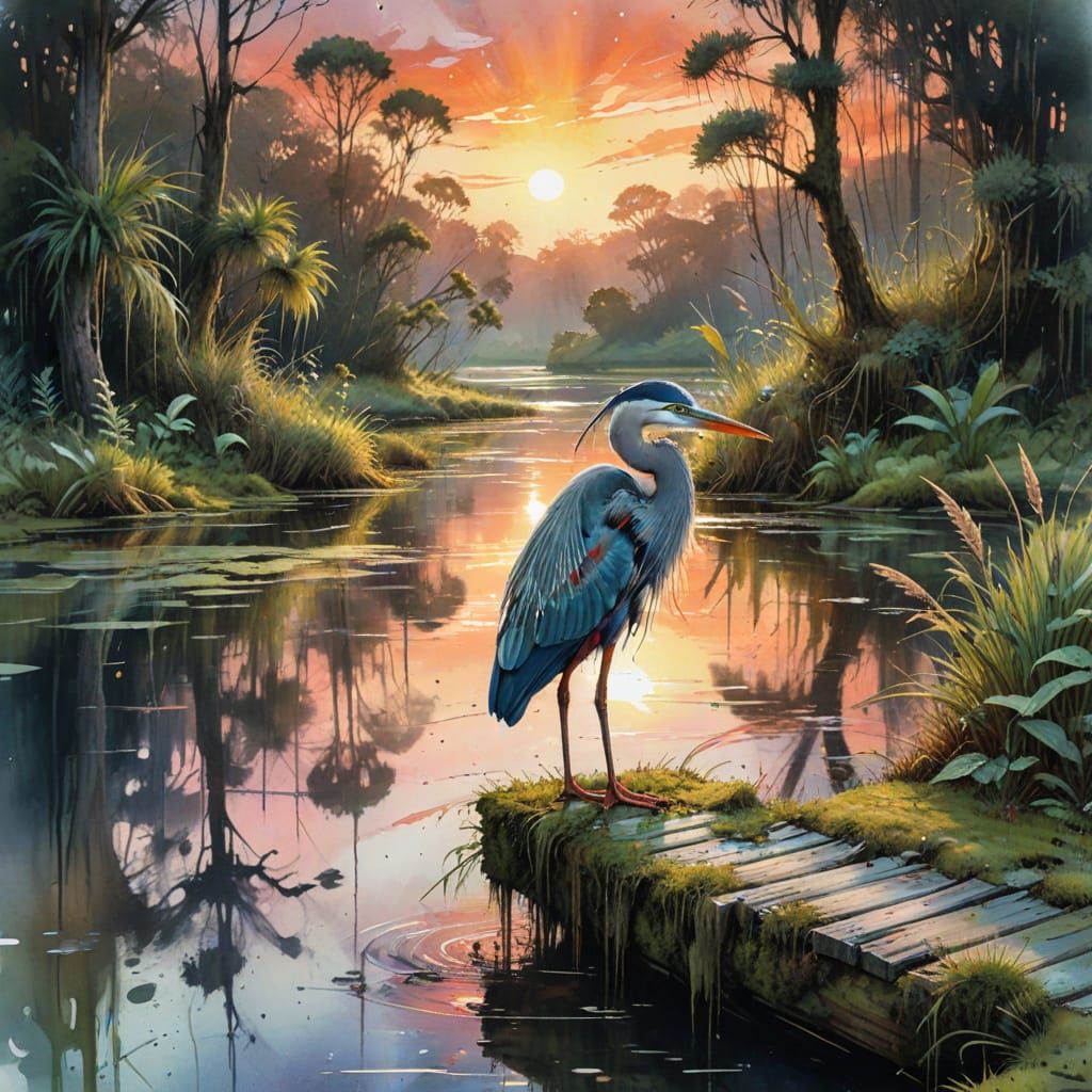 Dreamlike River Delta with Heron, in Watercolour Style
