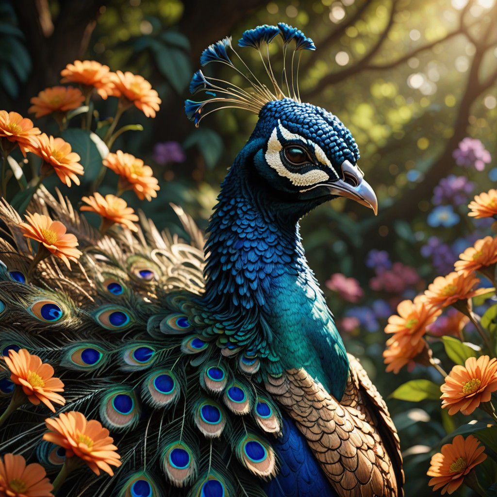 Vibrant Concept Art Peacock Portrait in Lush Garden