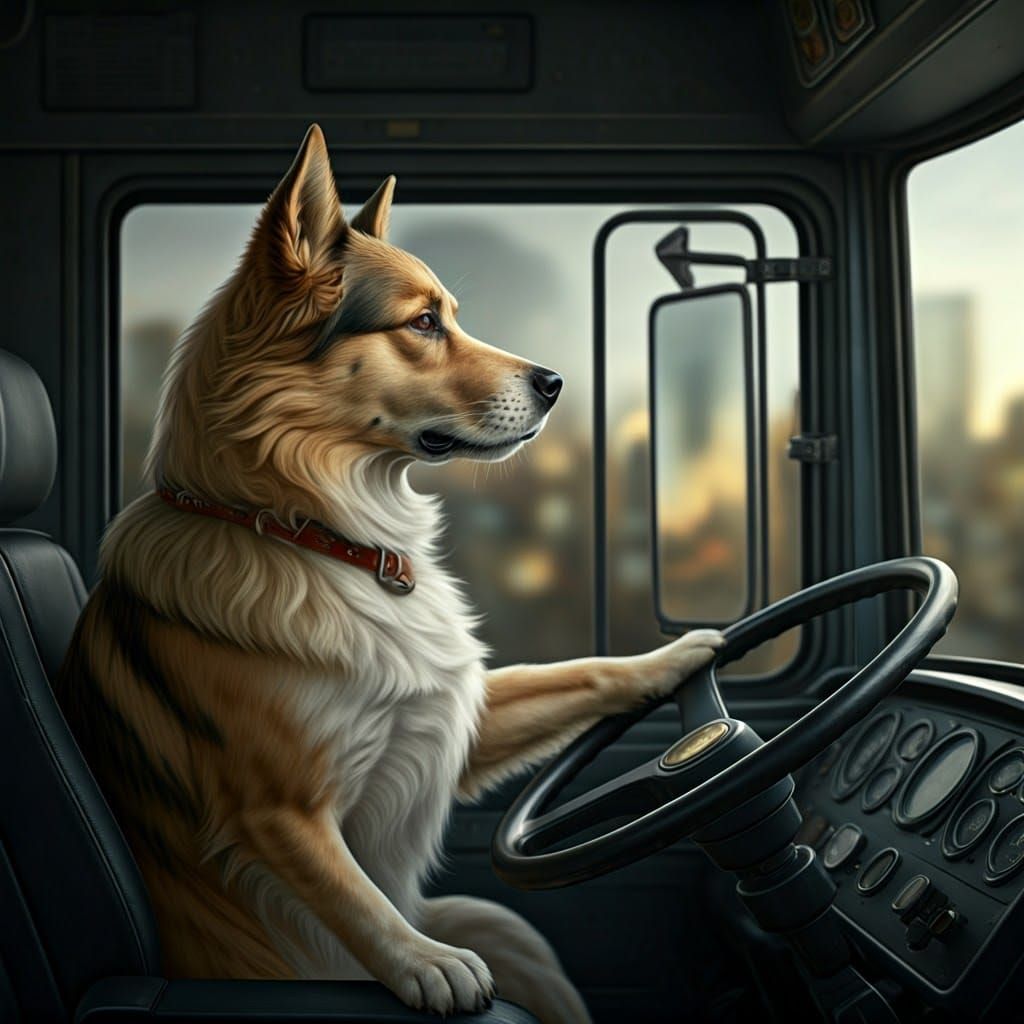 Dog driving a bus