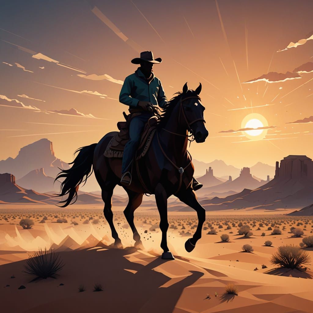 Lone Cowboy in Geometric Desert Dusk, Low Poly Art