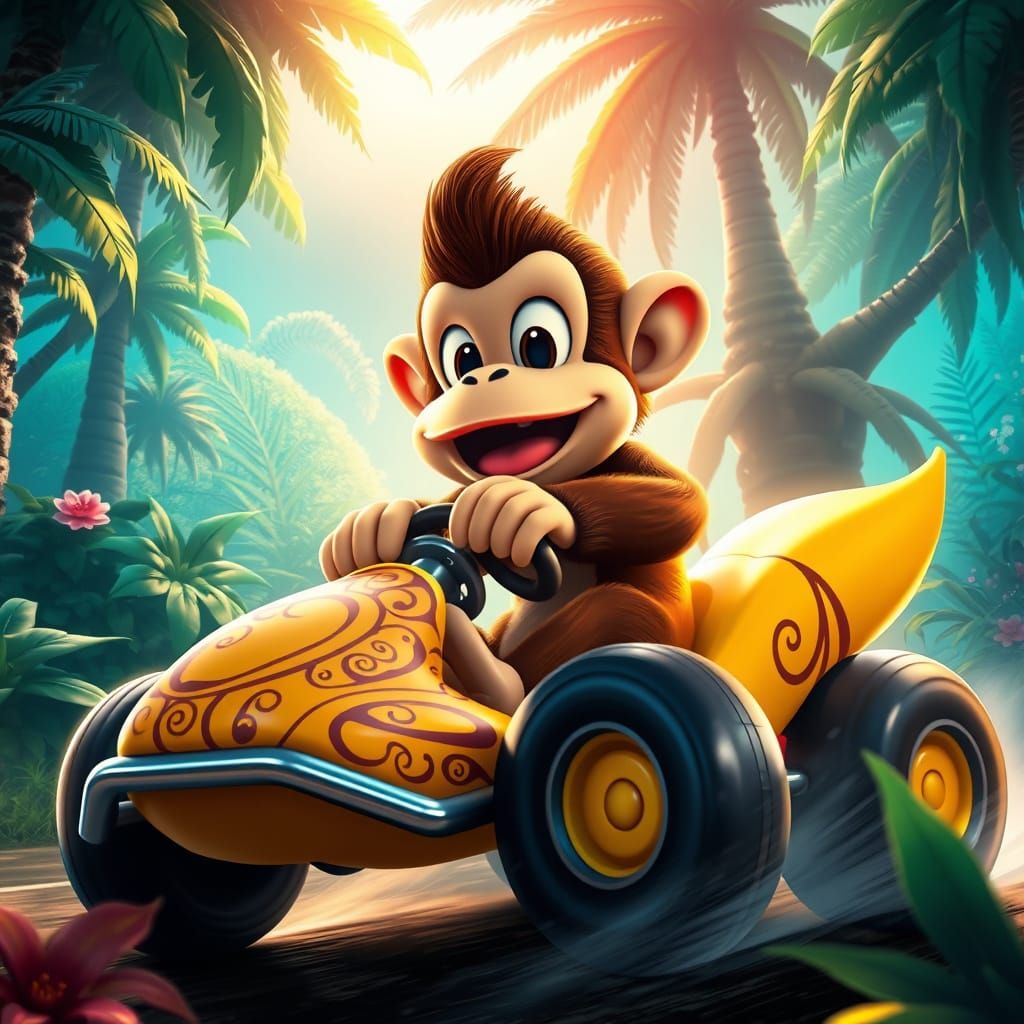 Donkey Kong Drives a Vibrant, Banana-Colored Go-Kart in a Fa...