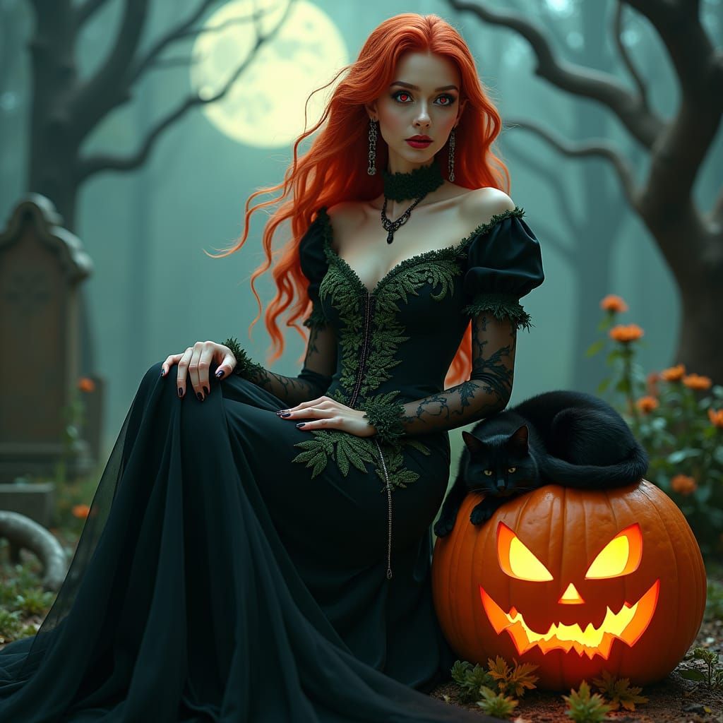 Gothic Witch in Cemetery with Black Cat