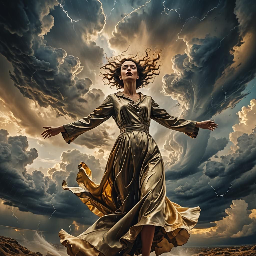 Woman Flies Through Stormy Sky in Surrealist Style