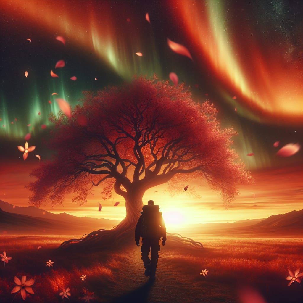 Lone Traveler in Fantasy Autumn Landscape