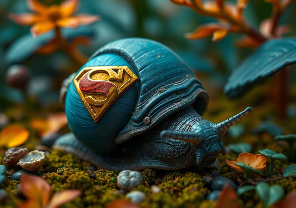 Snail with Superman Emblem in Fantasy Landscape