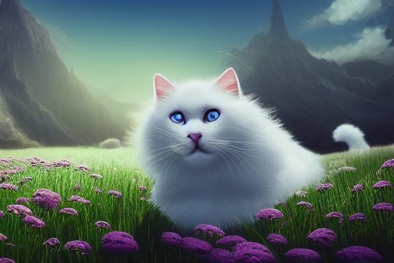 Fluffy White Cat in Flower Meadow Art
