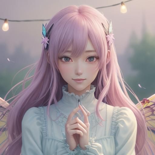 Anime Girl with Moths in Pastel Digital Art