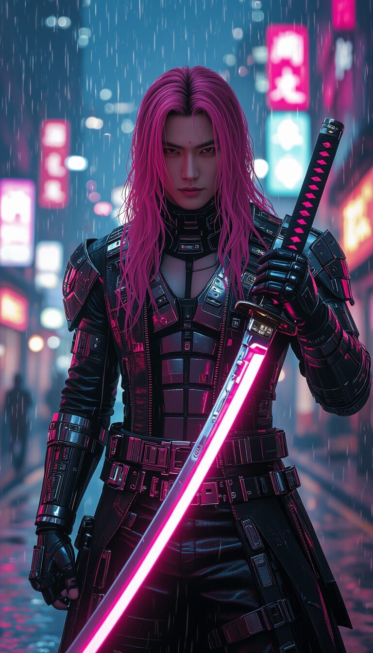 Cyberpunk Asian Man with Neon Katana in Rainy City