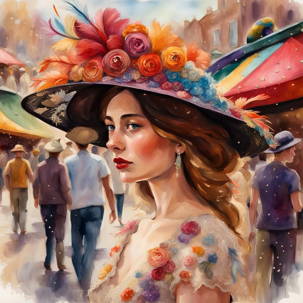 Woman's Floral Hat in Impressionist Street Scene