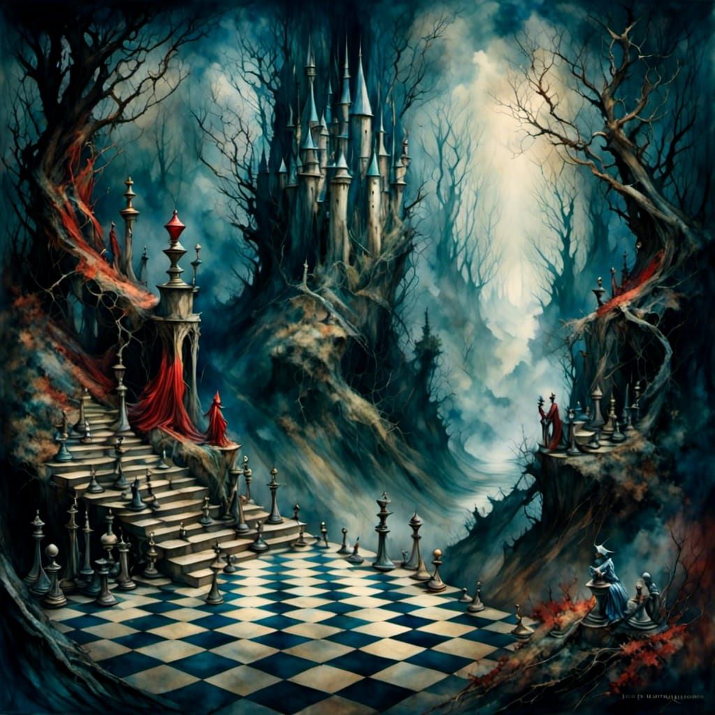 Magical Chessboard in Dark Forest: A Digital Painting