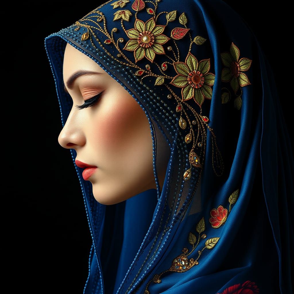 Woman in Beaded Veil: Cubism and Art Nouveau Fusion