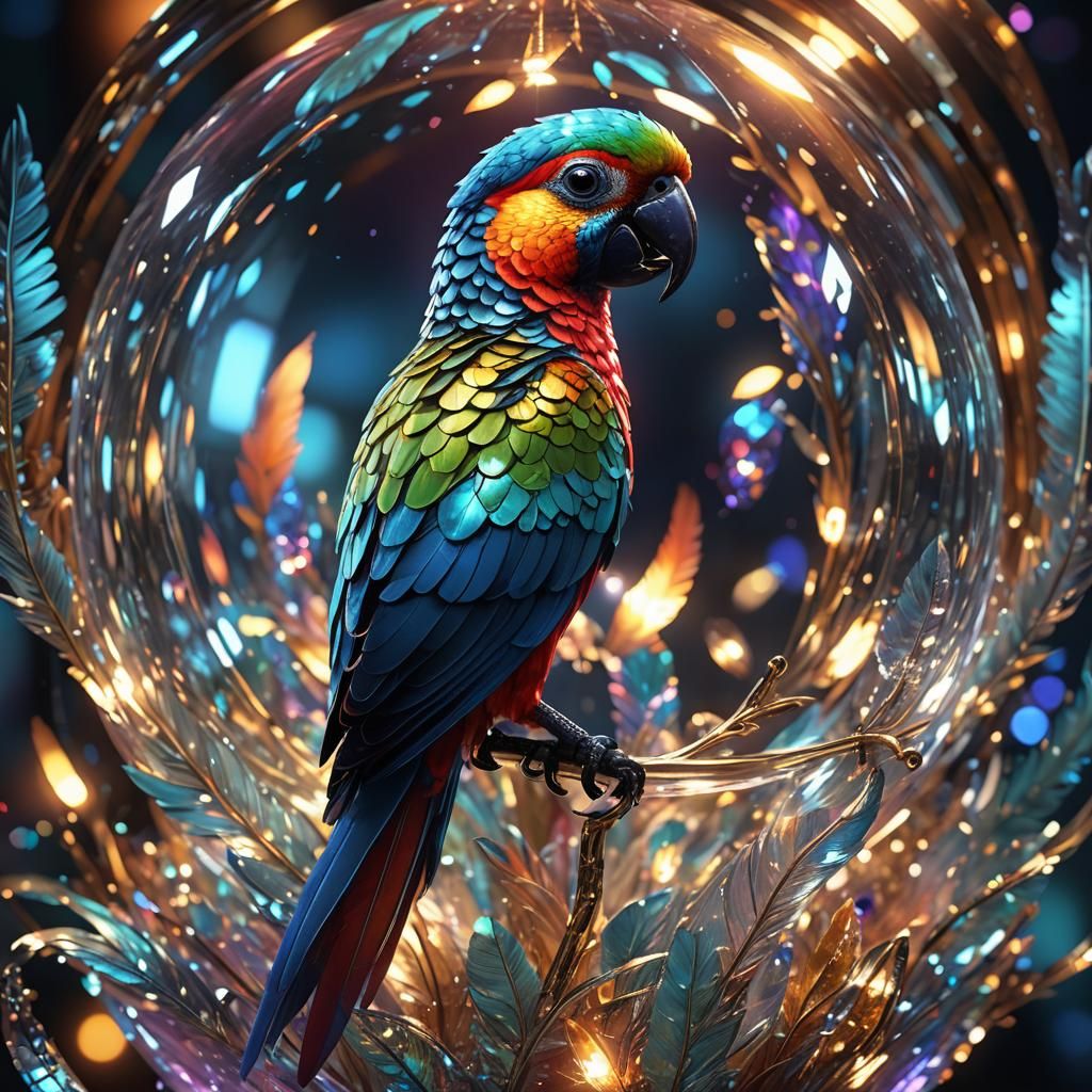 Glass Parrot in Orb: Digital Fantasy Art