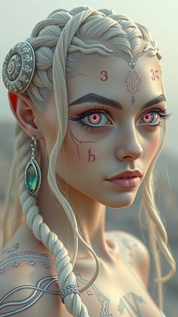 Alien Woman with Snail Braids and Glowing Tattoos