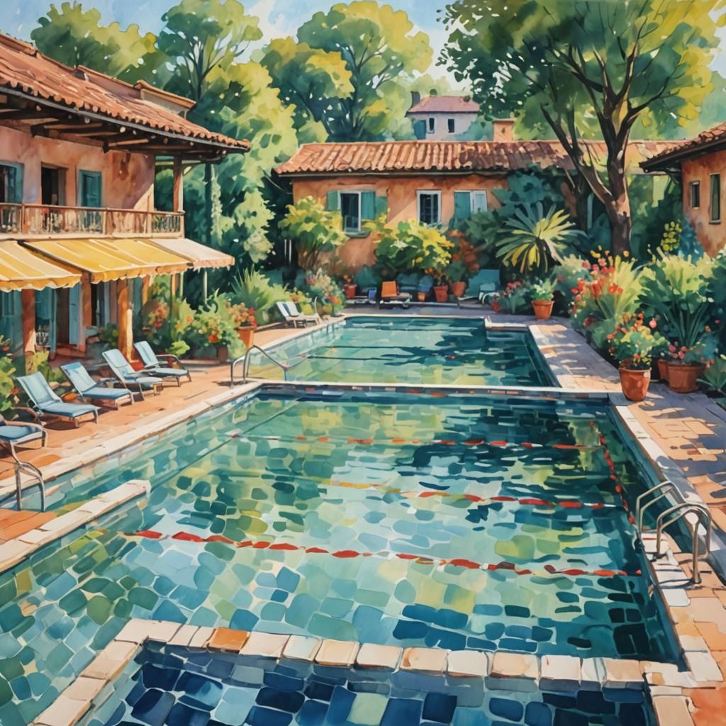 Swimming Pool in Gouache and Watercolor Style