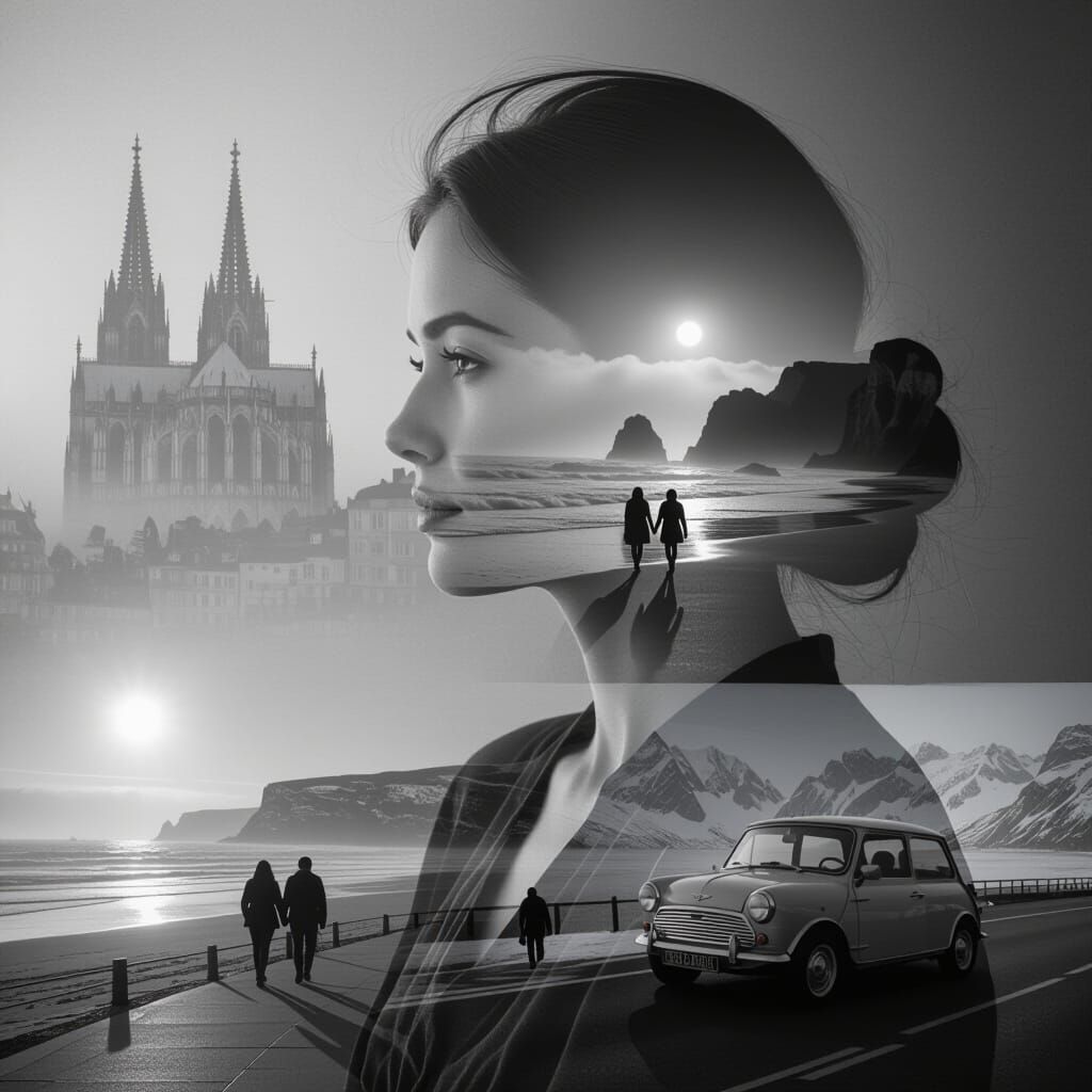 Double Exposure Portrait of Ludivine in Black and White