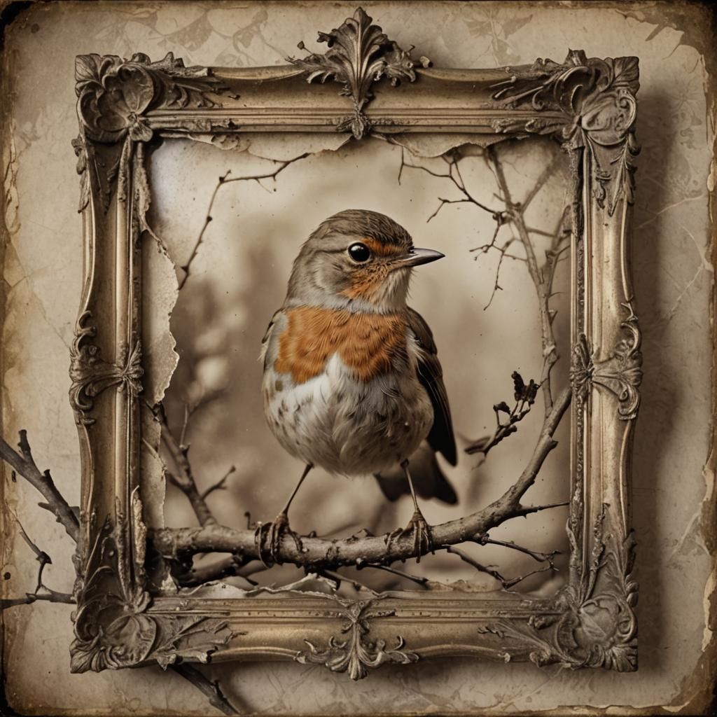 Sepia Victorian Photograph of Robin on Branch