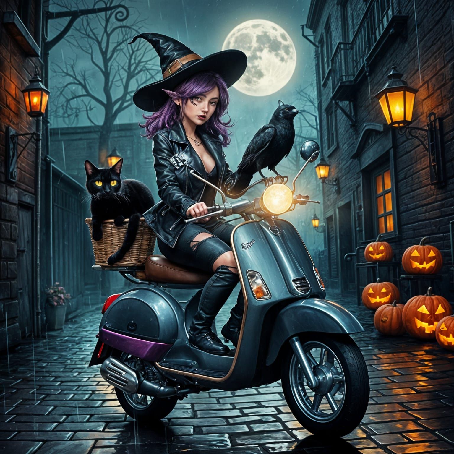 Modern Witch Rides Vespa Through Spooky Halloween Street
