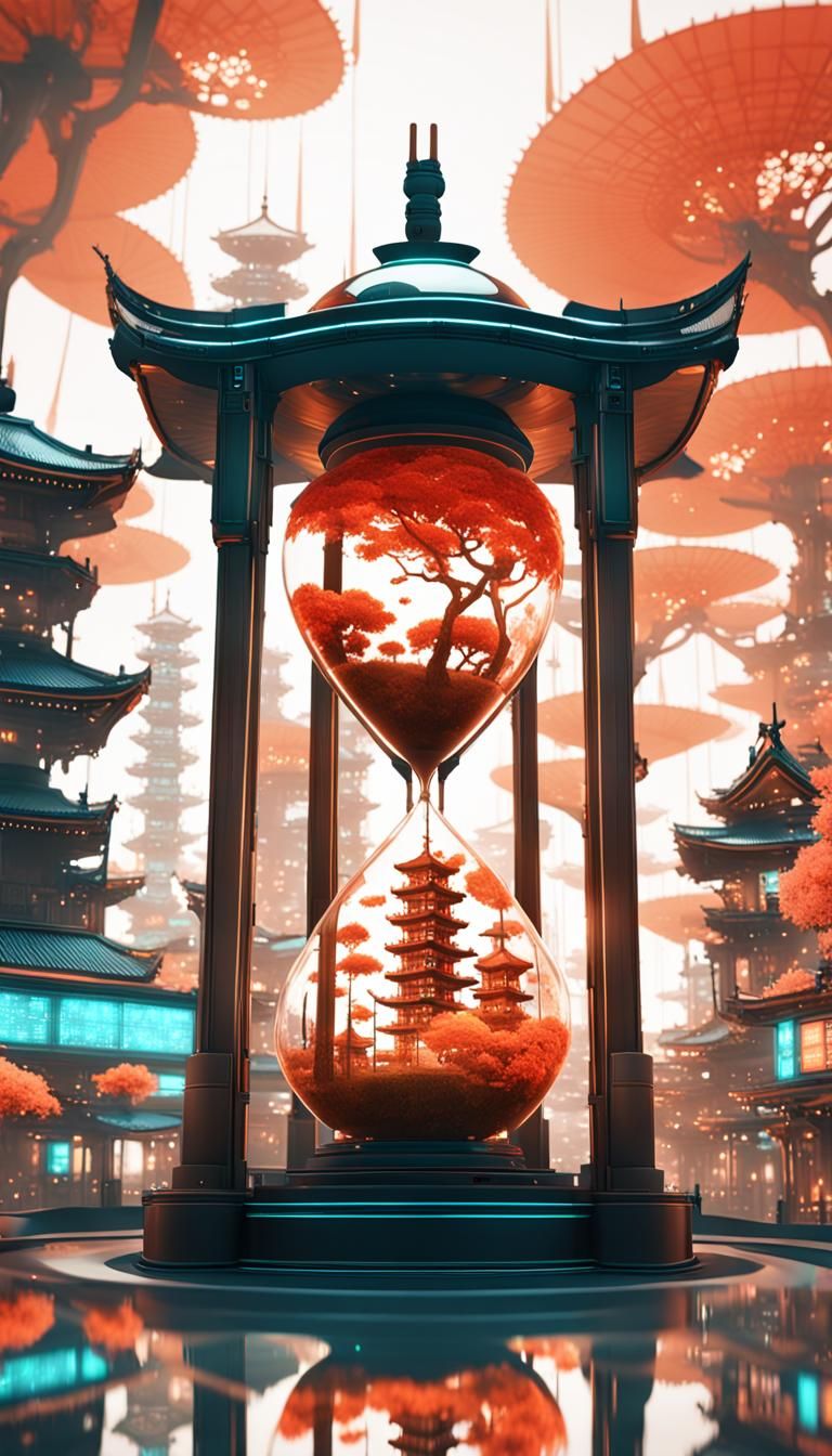 Futuristic Hourglass City in Double Exposure Style