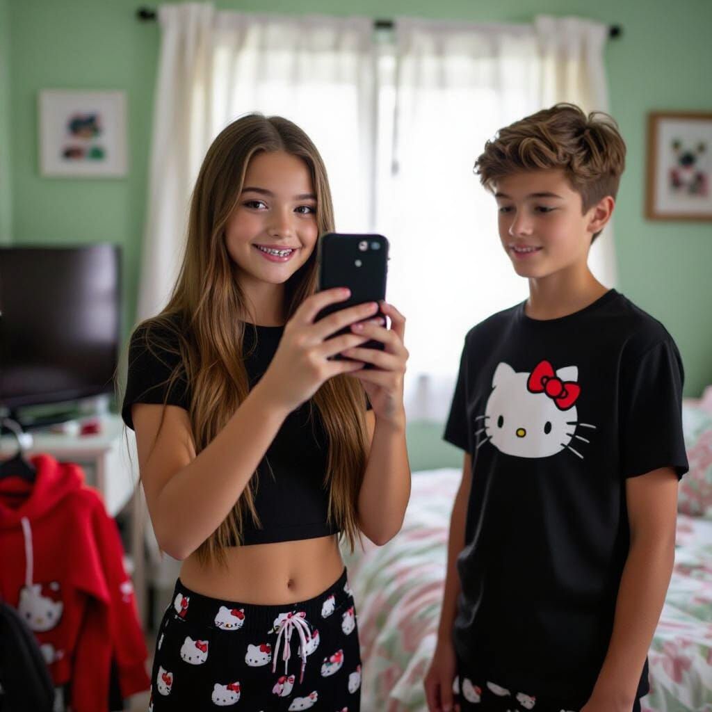 Teenagers Take a Selfie in Cozy Bedroom
