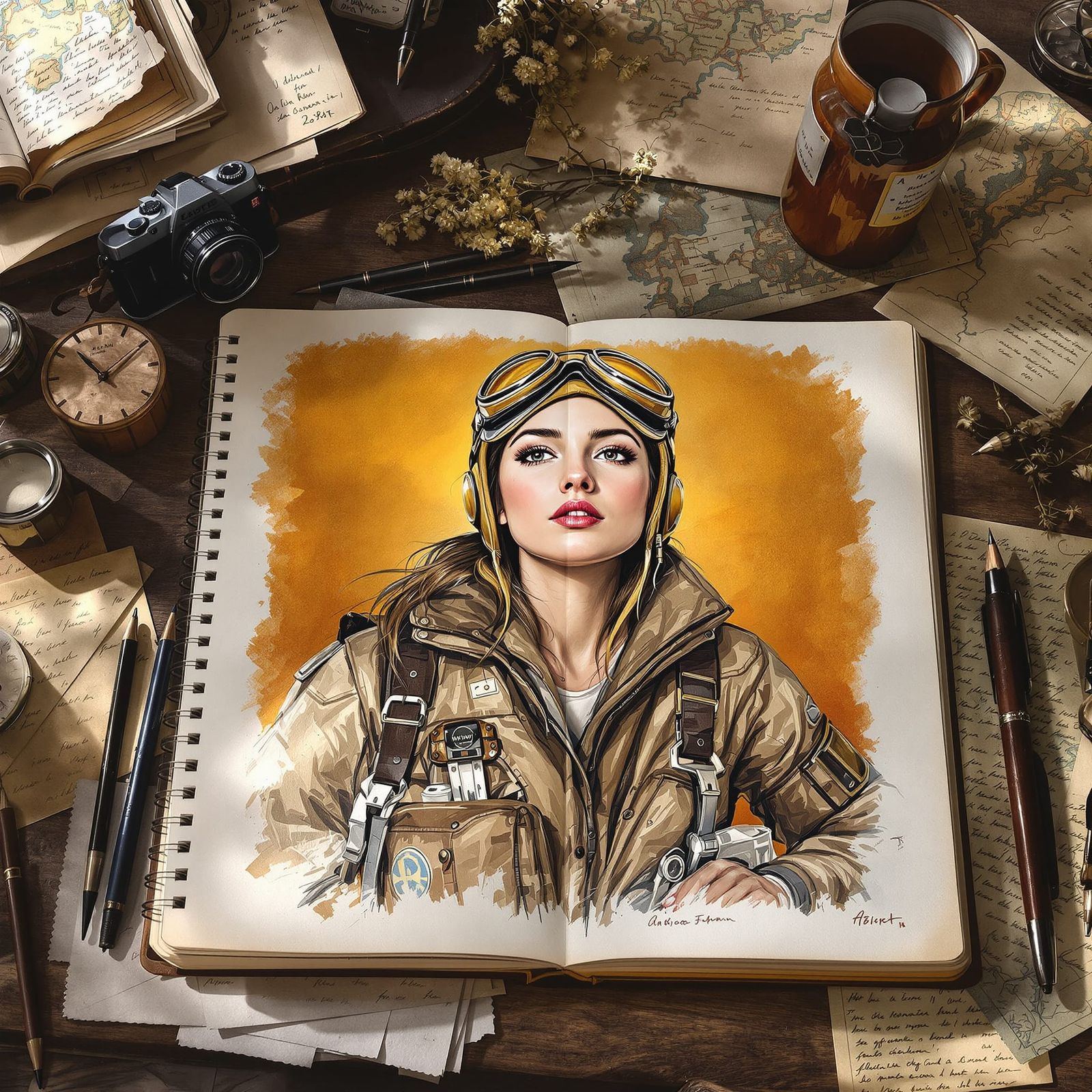 Colored Pencil Portrait of Aviator Woman in Open Sketchbook