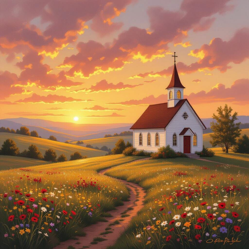 Quaint Church in Rolling Hills at Sunset