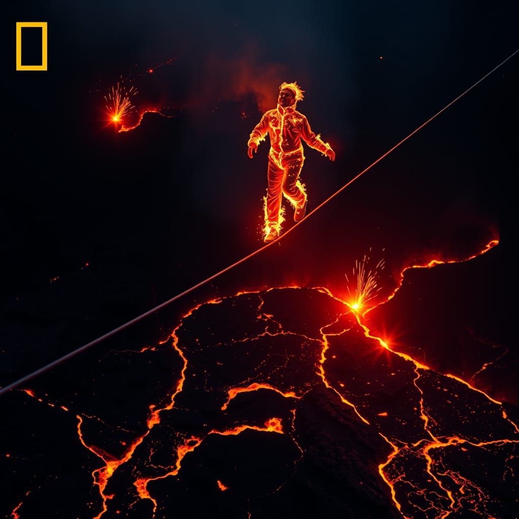 Daring Acrobat Walks High Wire Over Blazing Inferno
