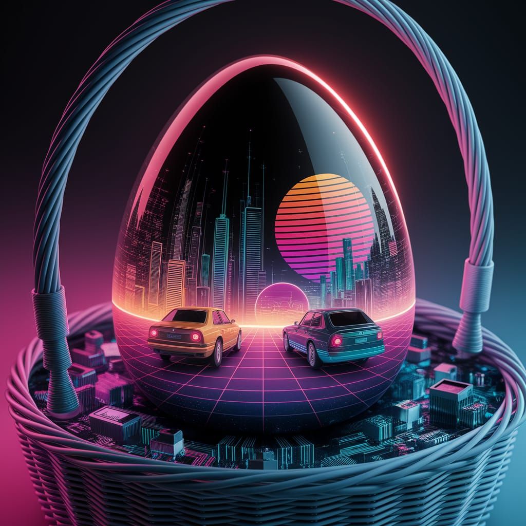 Glossy Futuristic Easter Egg in Neon Cityscape