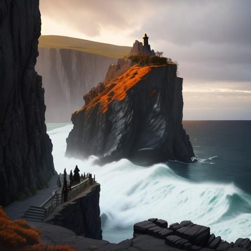 Plague Doctor Dr. Doom on Rocky Coast, Surrealist Painting