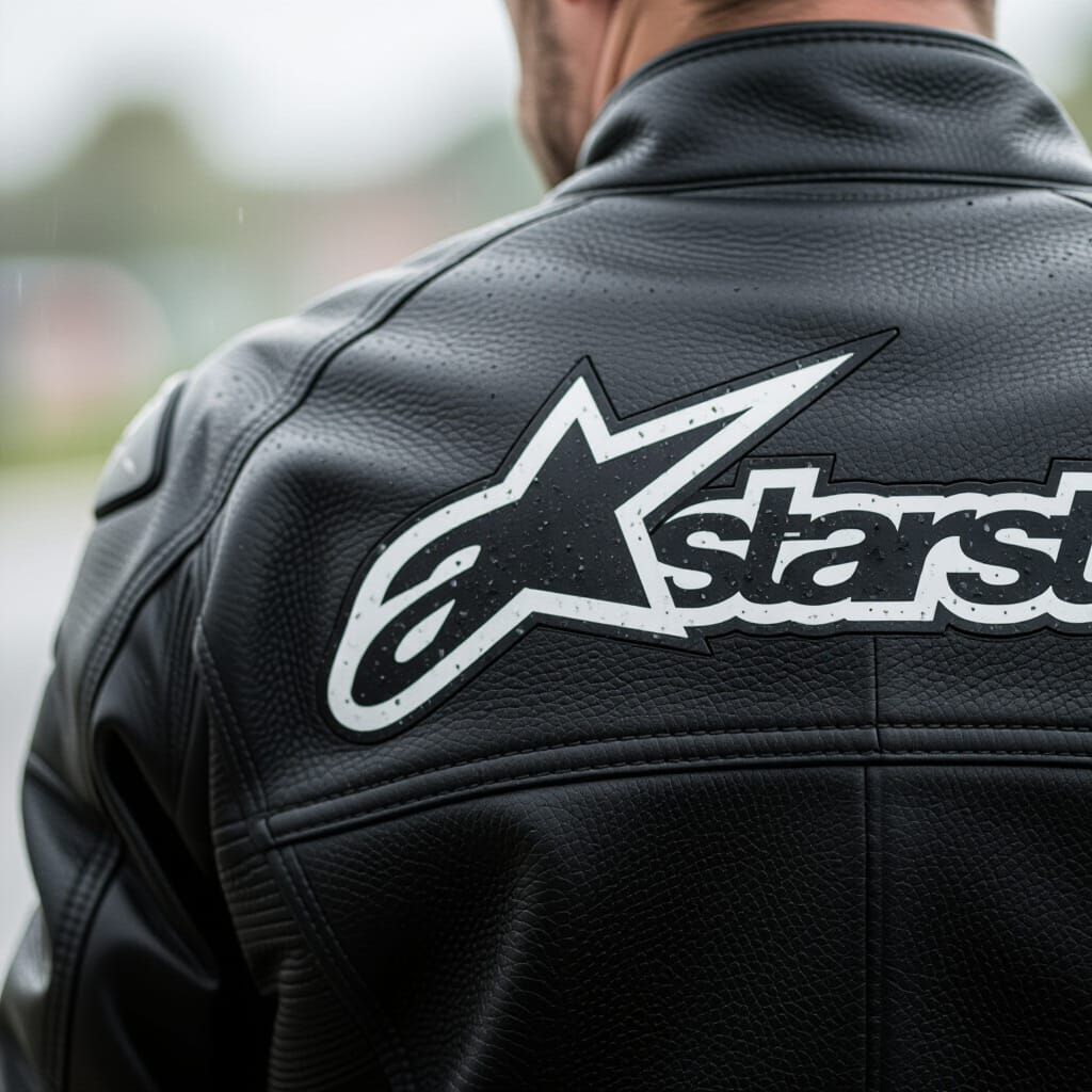 Alpinestars Leather Jacket Logo: Hyper-Realistic Close-Up