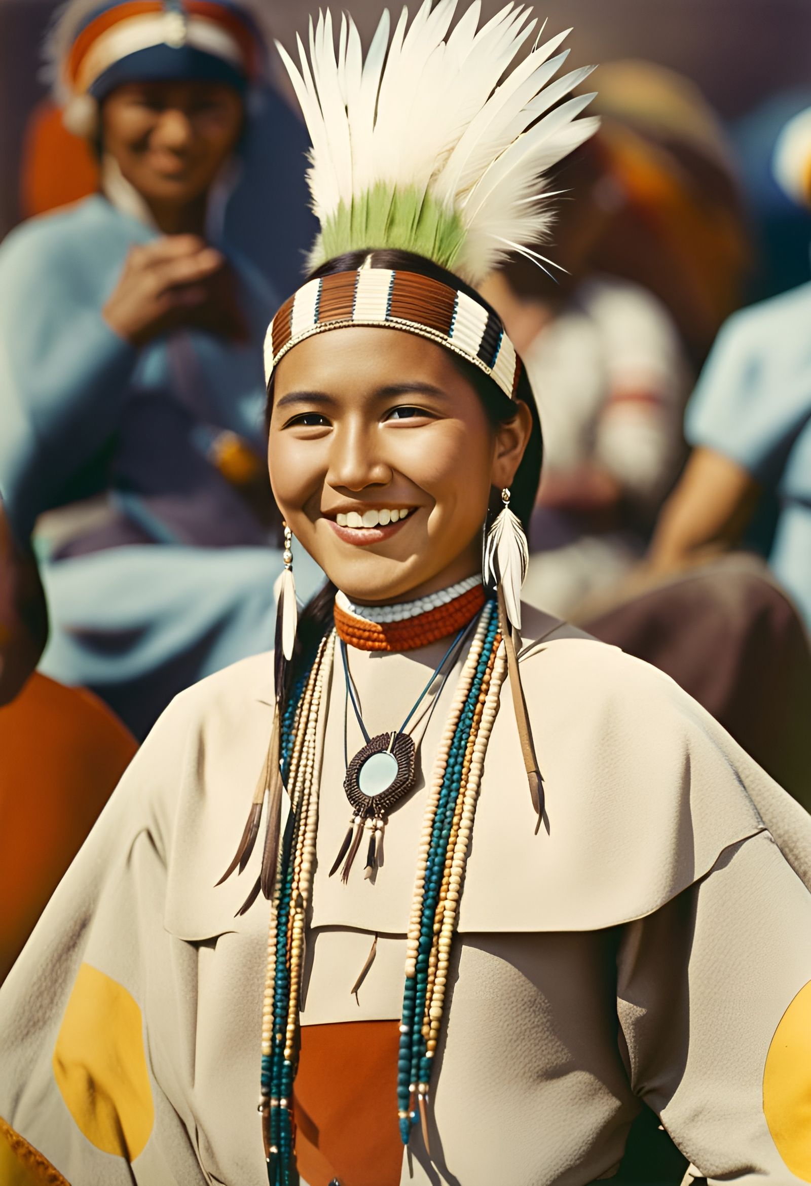 Native American Woman with Feather Headdress Portrait