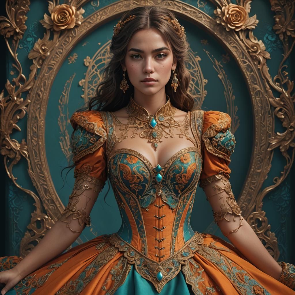 Half body closeup. A woman with a deep, rich orange corset s...