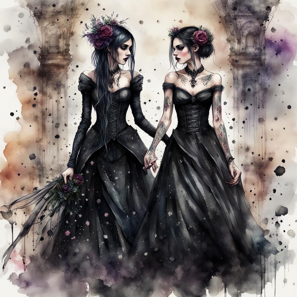 Gothic Lesbian Wedding Fairytale in Watercolor Style