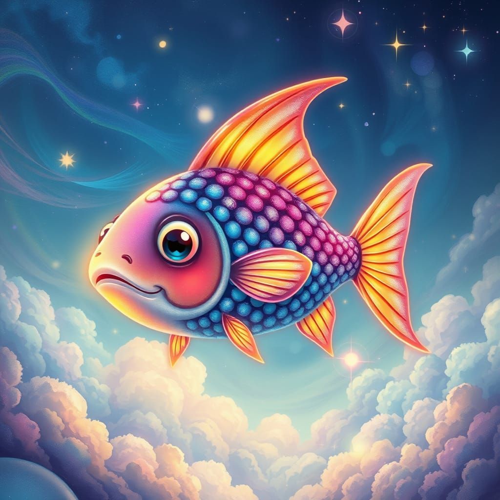 Cartoon Fish with Iridescent Wings in Digital Watercolor Sty...