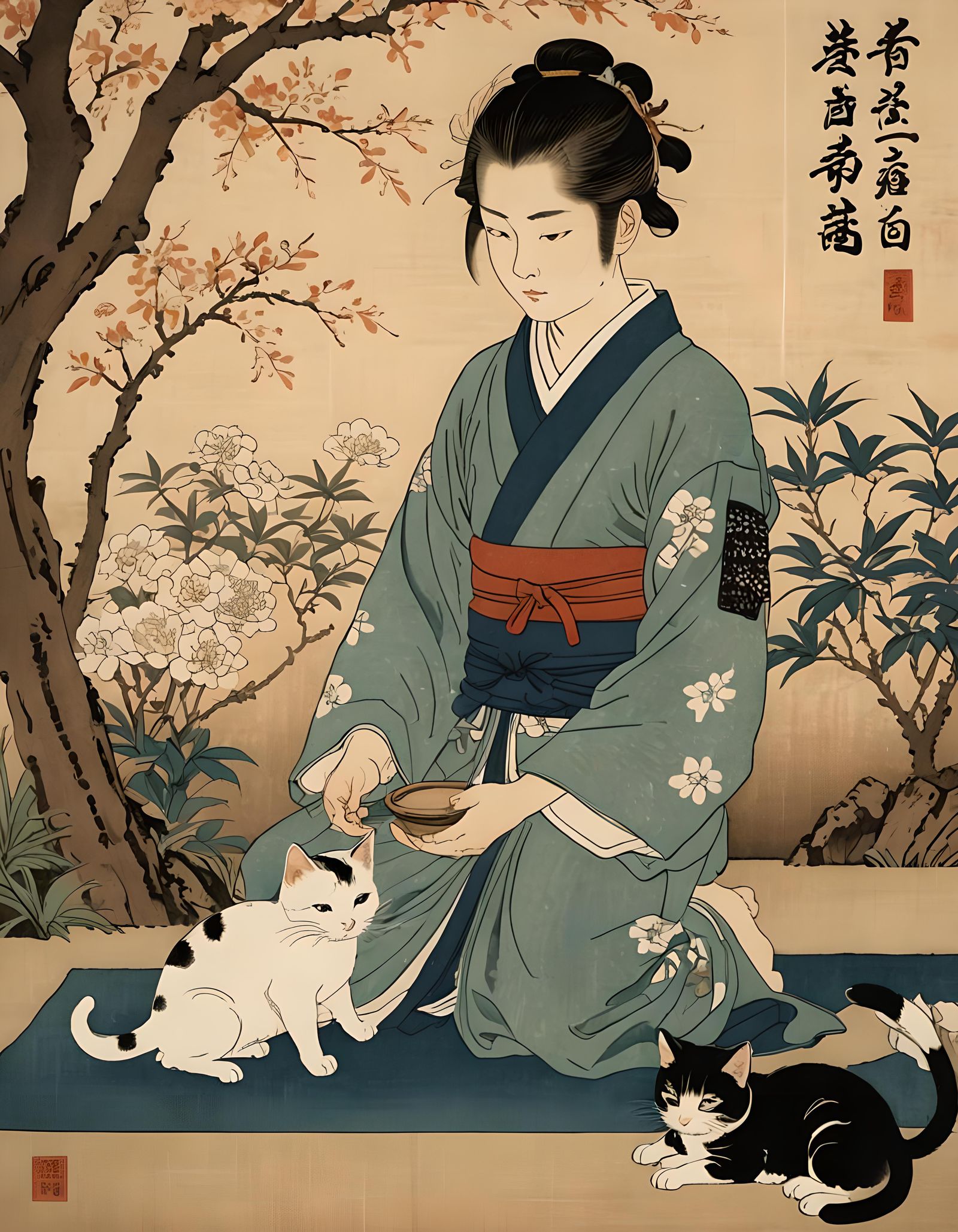 Ukiyo-e Woodblock Print of Boy with Kitten