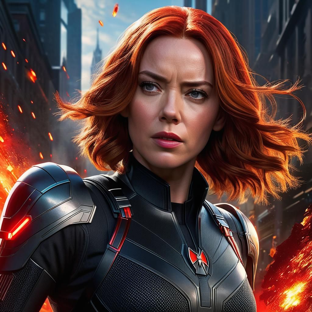 Emily Blunt has Black Widow, great pose, explosion at backgr...
