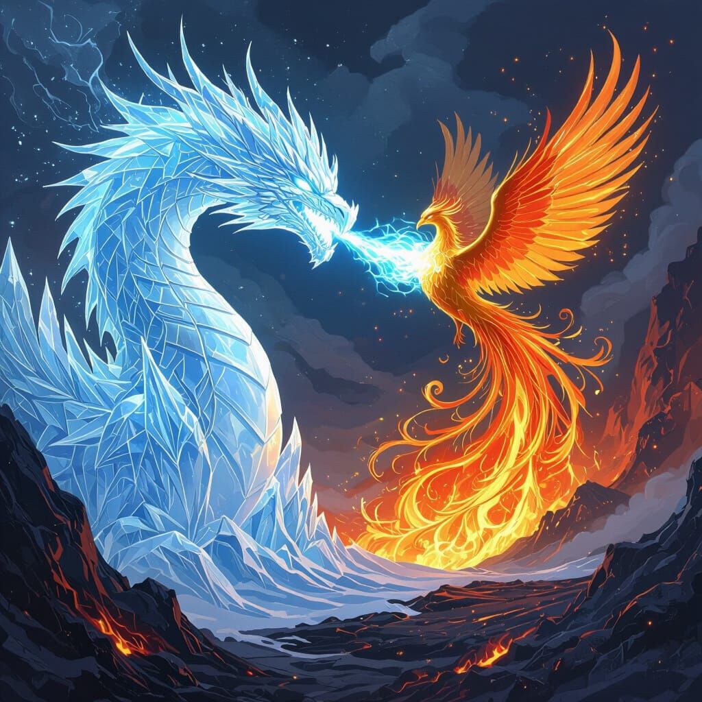 Ice Dragon vs Fire Phoenix in Cosmic Ballet