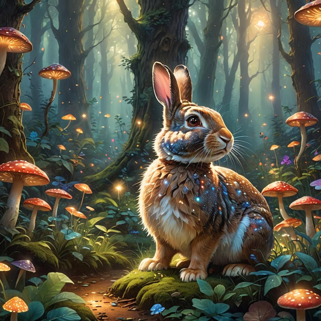 Sparkling Rabbit in Enchanted Forest, Fantasy Art